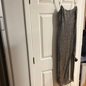 Here comes the sun Elegant Silver Sequin Dress with Slit